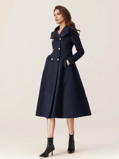 Woolen Flared Coat For Woman Stand Collar Dark Navy Vintage Double-breasted Winter Midi Outerwear 2026