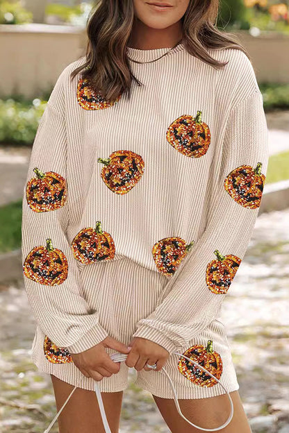Christmas Sequined Loose Long-sleeved Top and Elastic Waist Casual Shorts Set