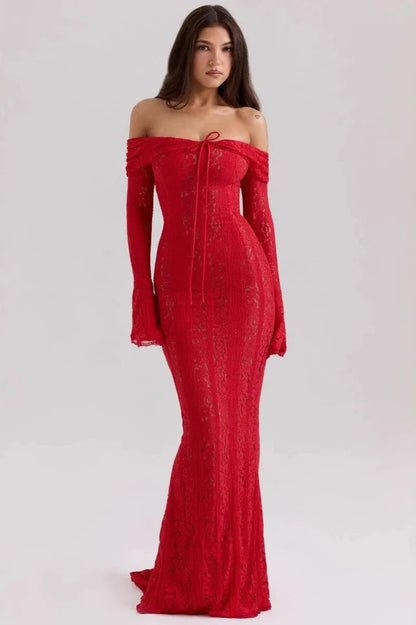 Off Shoulder Lace Drawstring Bust Bell Sleeve Mermaid Maxi Dress