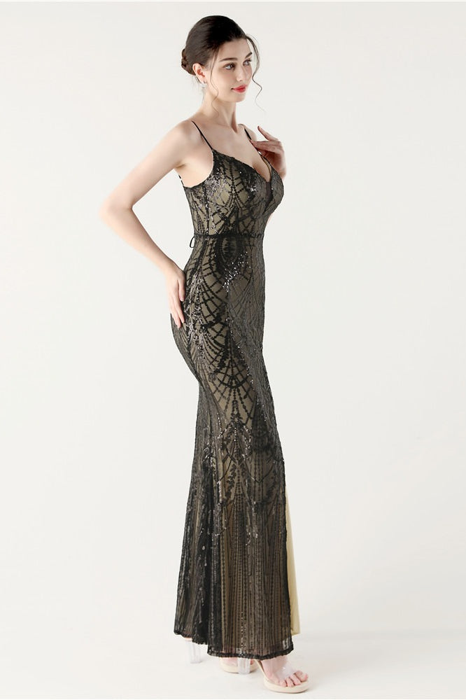 Sequin V Neck Cross Strap Mermaid Maxi Dress