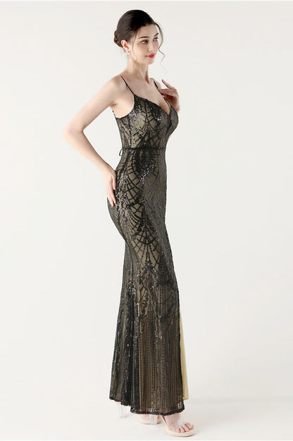 Sequin V Neck Cross Strap Mermaid Maxi Dress