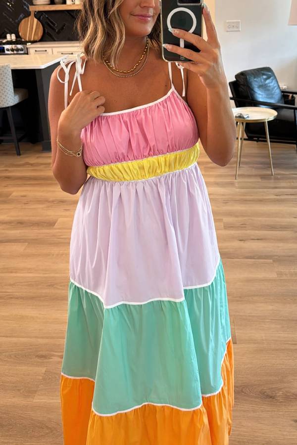 Multicolor Colorblock Self Tie Straps High Waist Flowy Maxi Dress with Pockets