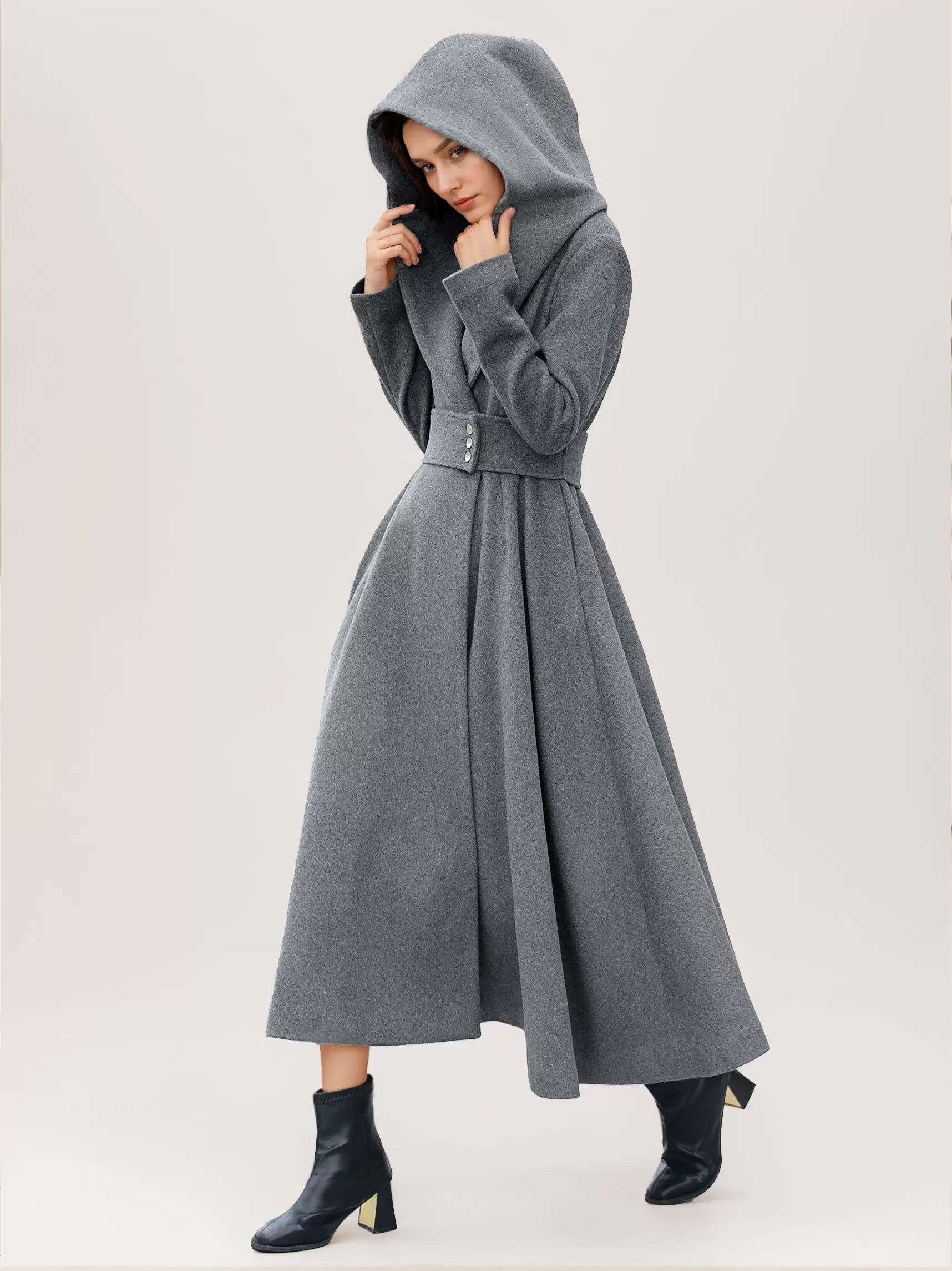 Flared Woolen Coat For Woman Hooded Gray Belted A-line Winter Long Outerwear 2026