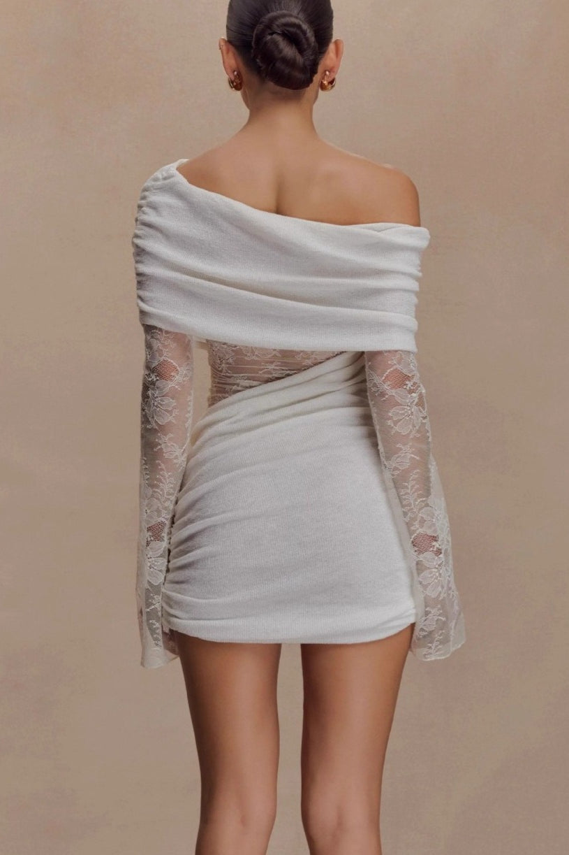 Off Shoulder Ribbed Lace Sleeve Lace Panel Bodycon Mini Dress