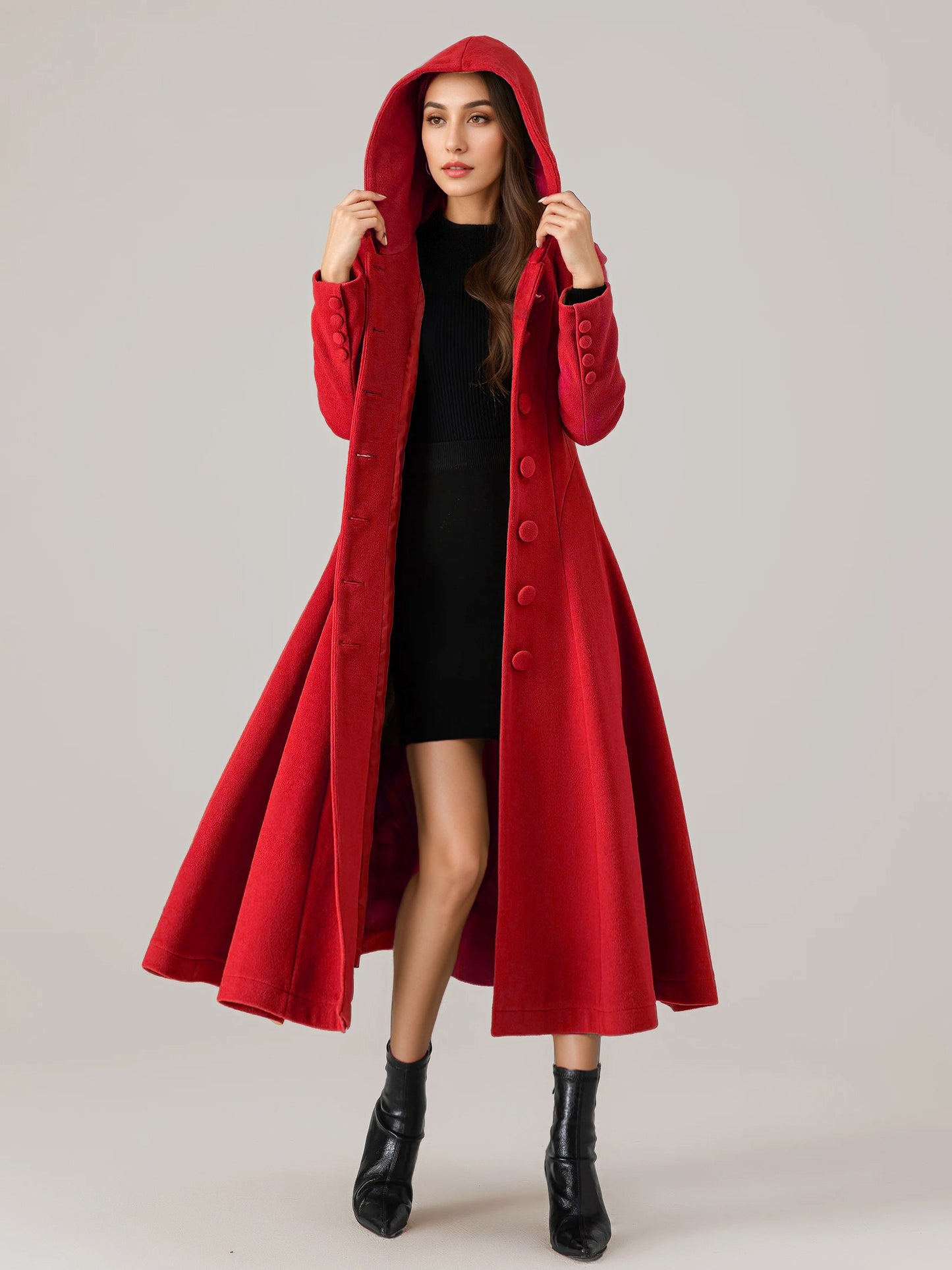 Woolen Flared Coat With Hood For Woman Red A-line Long Winter Outerwear 2026