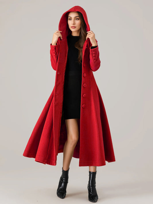Woolen Flared Coat With Hood For Woman Red A-line Long Winter Outerwear 2026