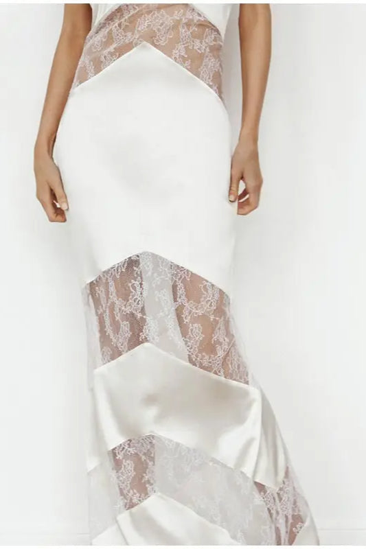 Halter Choker Deep V-Neck Chevron Lace Panel Satin Maxi Dress