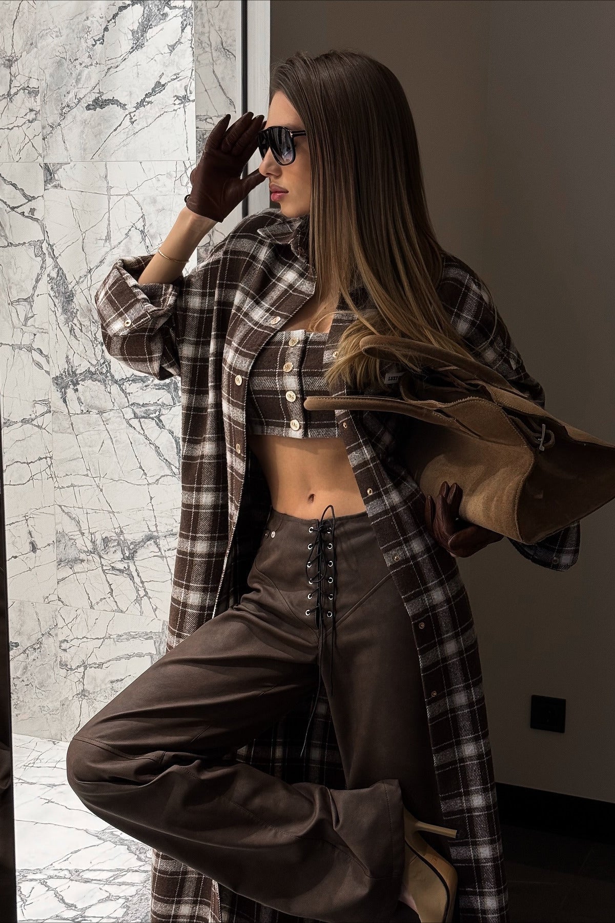Designer Plaid Long Oversized Knee Length Shirt Overcoat