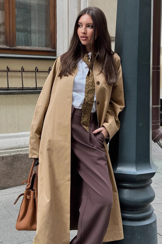 Minimalist Extra-Long Cotton Single-Breasted Lapel Overcoat