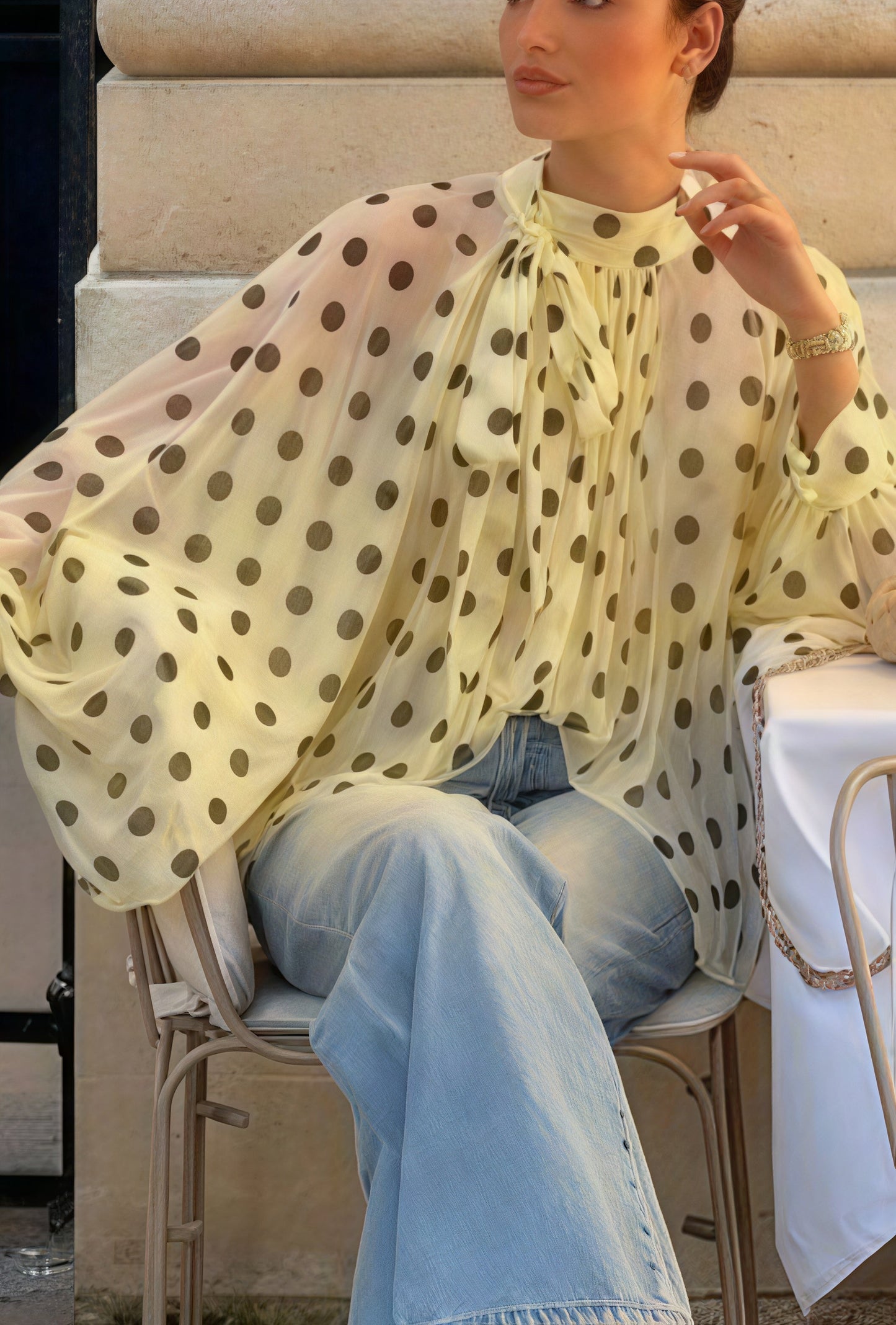 Polka Dot Tie Sheer Lantern Sleeve Blouse