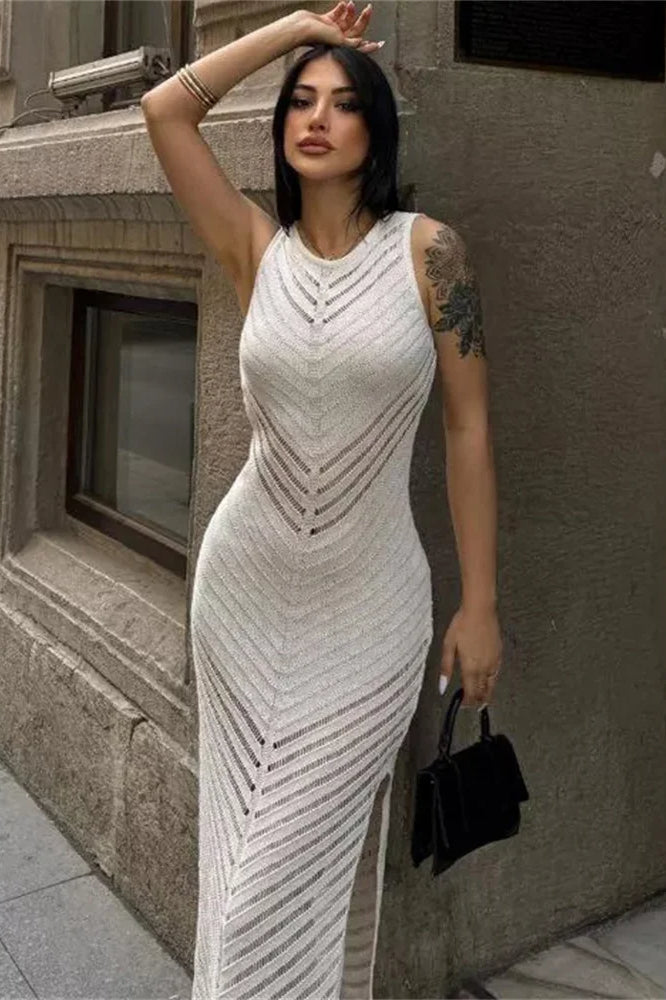 Pointelle Chevron Knit High Neck Sleeveless Midi Dress