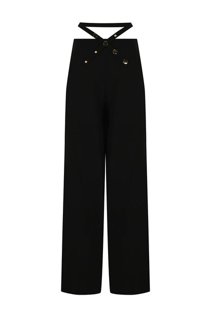 Leia High Neck Button Bell Sleeve Top and Cutout Waist Metal Pocketed Flare Pants Set