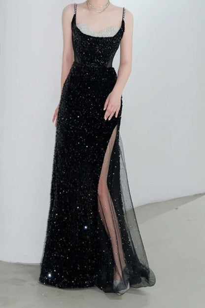 Spaghetti Strap Sequin Burgundy Glam Prom Dress