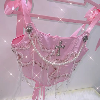 Beaded corset self tie star pattern cami top