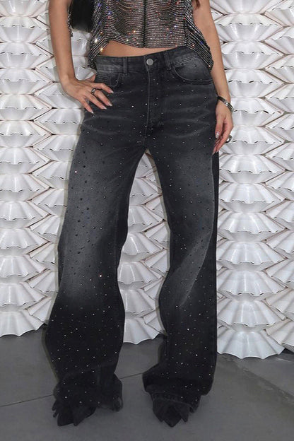 Ombre Wash Rhinestone Straight Leg Jeans