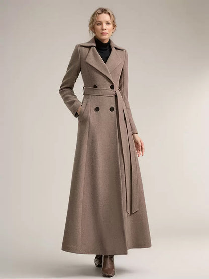Full-length Woolen Coat For Women Wide Notched Lapel Double-breasted Belted Winter Outerwear In Solid Color 2026
