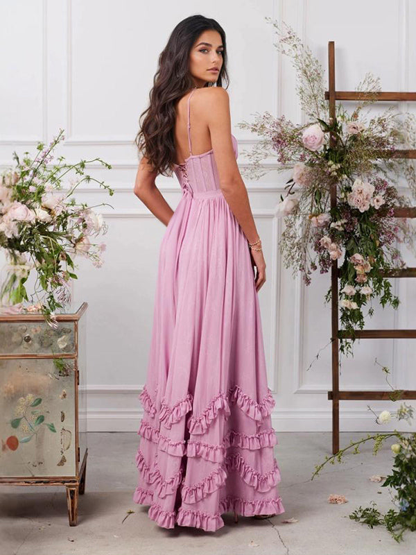 Pink Layered Ruffles Maxi Party Dress High Slit Strap Dress 2026