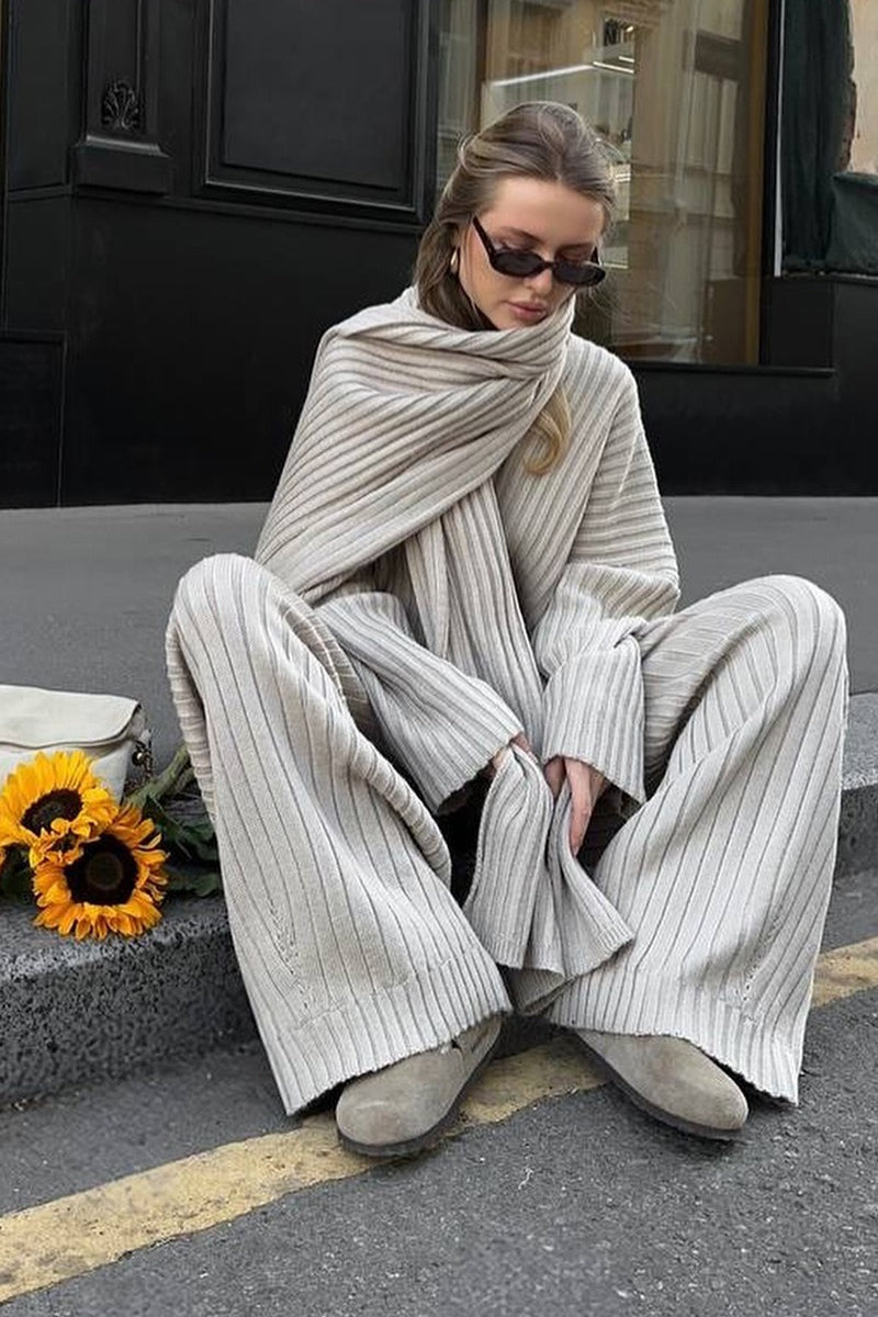 Relaxed Fit V Neck Ribbed Sweater with Pants Two Piece Pants Set