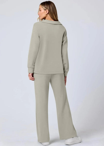 Relaxed Collar Pullover & Wide-Leg Pants Set