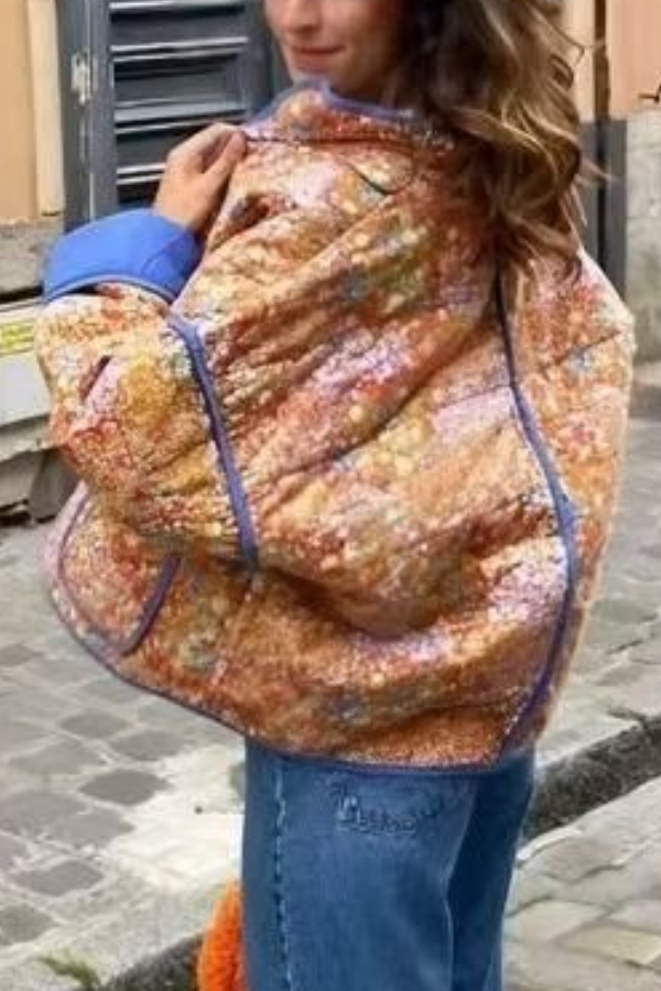 Printed Colorblock Large Pocket Stand Collar Quilted Cotton Jacket