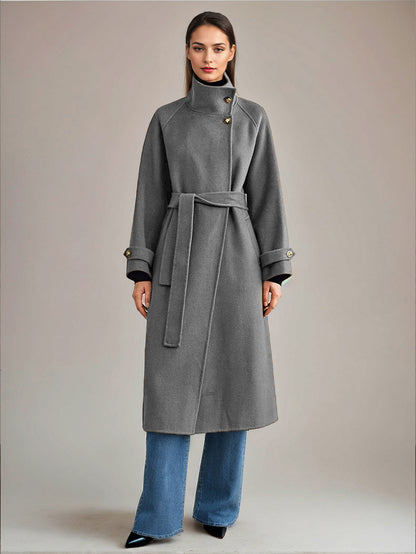 White Wool Cashmere Blend Coat Stand Collar Double-Faced Belted Winter Outerwear For Women 2026
