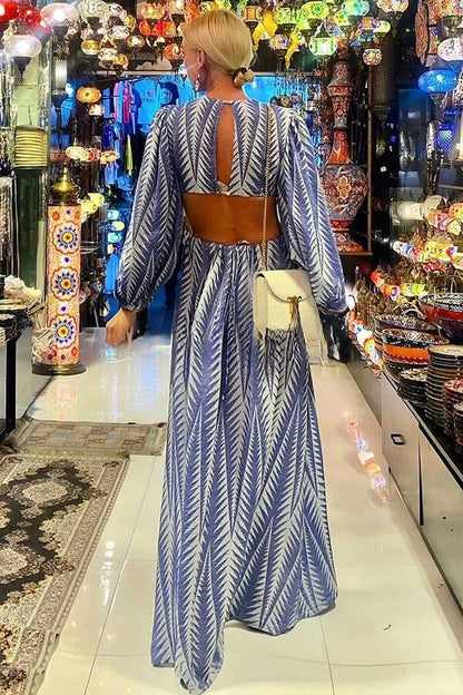 Geometric Print Cut Out Elastic Waist Backless Maxi Dress