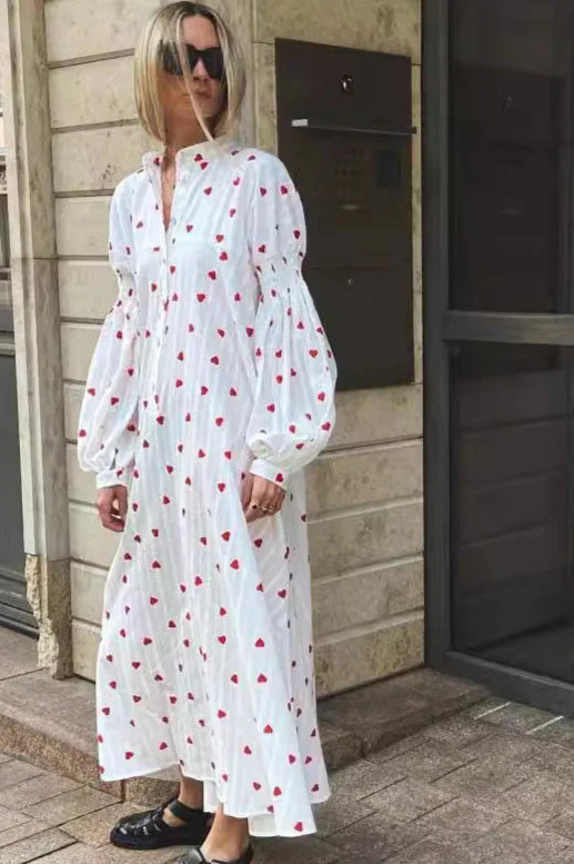 Heart Print Textured Cotton Long Lantern Sleeve Maxi Dress