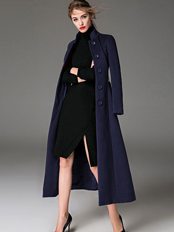 Wool Blend Coat Burgundy Belted Stand Collar Slim Fit Winter Outerwear For Women In Solid Color 2026