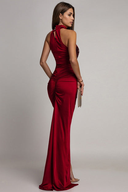 Velvet Sequin Slit Midi Bodycon Dress