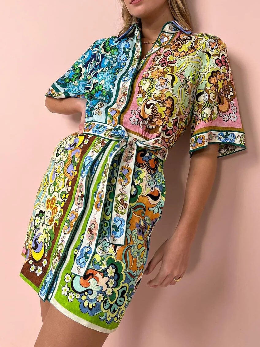 Collared Short Sleeve Belted Scarf Print Shirt Mini Dress