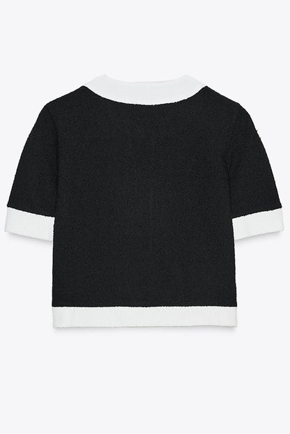 Fashionable Contrast Color Short-sleeved Button-down Top