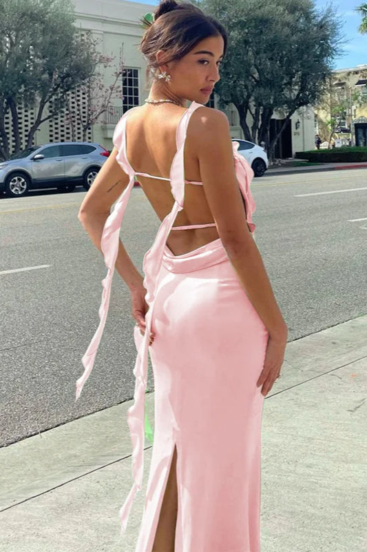 Square Neck Cascading Ruffle Strap Ruched Basque Waist Satin Maxi Dress