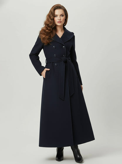 Wool Blend Maxi Hooded Coat With Double-Breasted Design For Women 2026