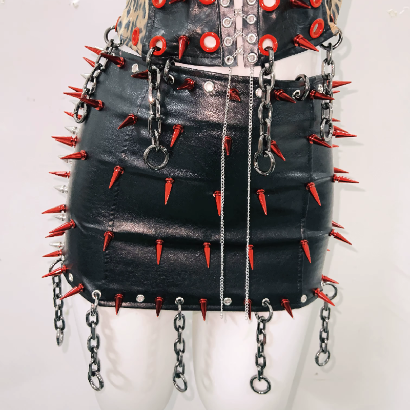 Lace up metal chain PU leather rivet applique mini skirt set