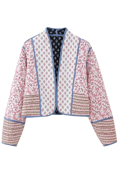 Printed Reversible Quilted Cardigan Jacket with Color Matching Small Cotton-padded Jacket