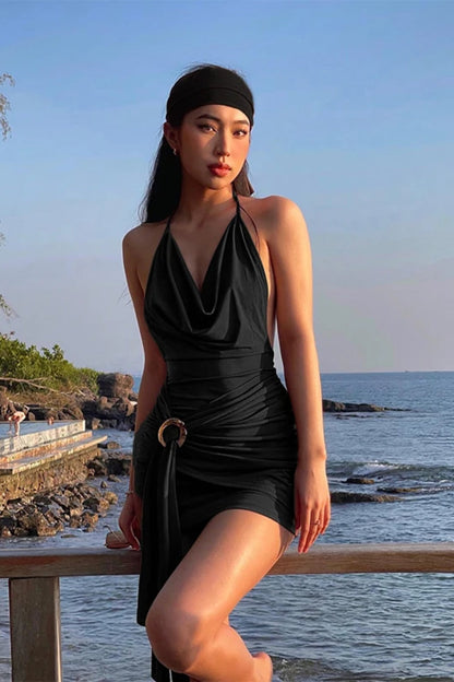 Vintage Pleated Brown A-Line Maxi Dress