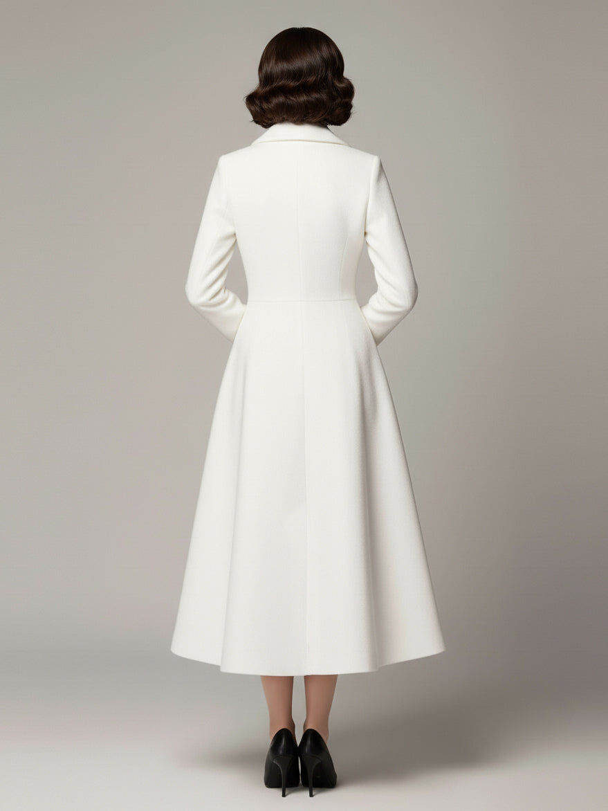 Vintage Classic Lapel A-line Woolen Flared Coat In White For Women 2026