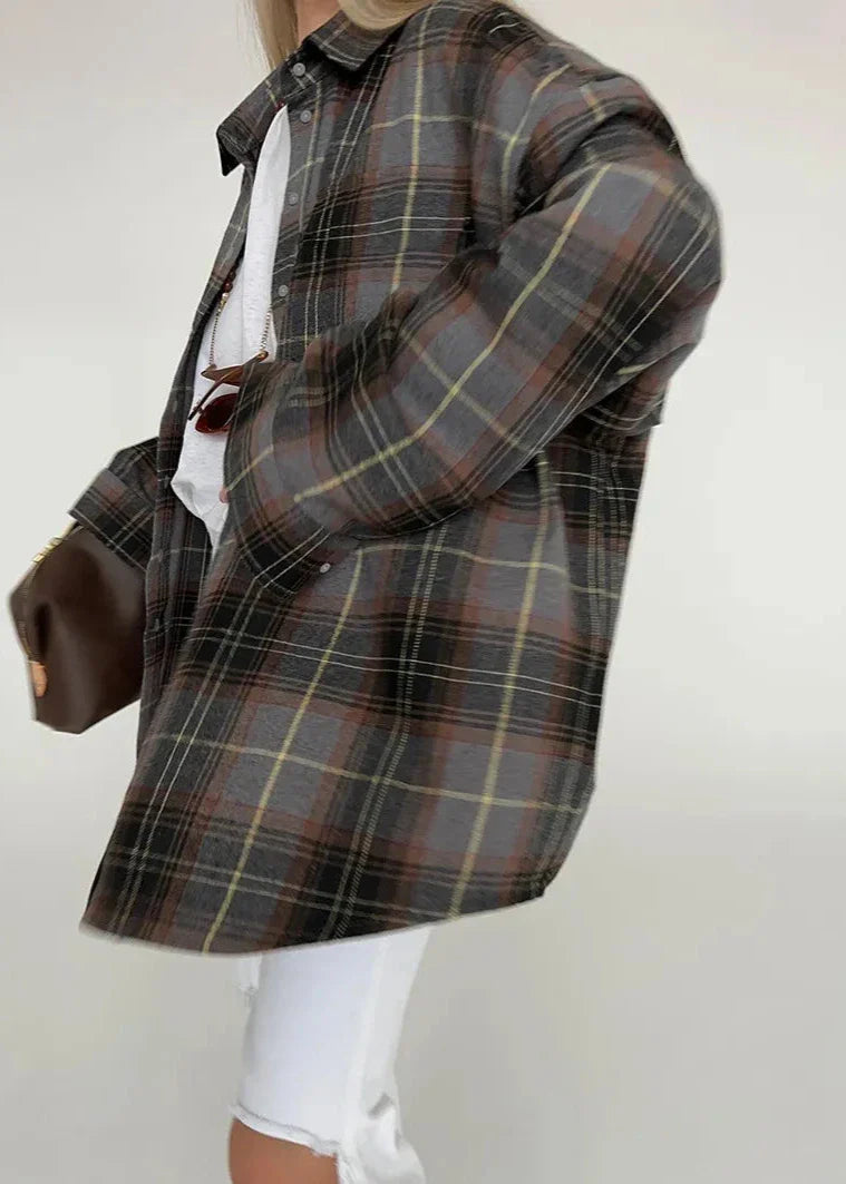 Retro Plaid Long-Sleeved Shirt - Oversized Comfort for Women