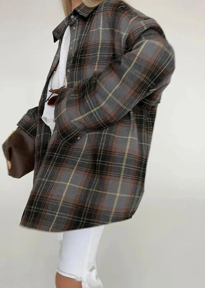 Retro Plaid Long-Sleeved Shirt - Oversized Comfort for Women