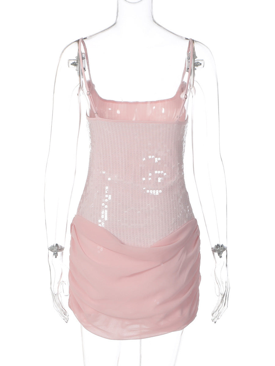 Rose Detail Sequin Square Neck Bodycon Mini Party Dress For Women 2026