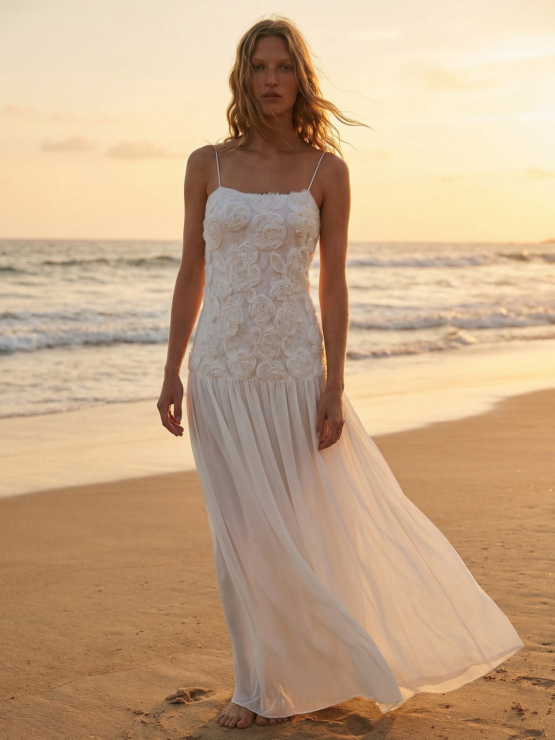 3D Floral Cami Maxi Dress for Women - Boho Rosette Bodice Flowy Spaghetti Strap Gown - Summer Beach Resort 2026