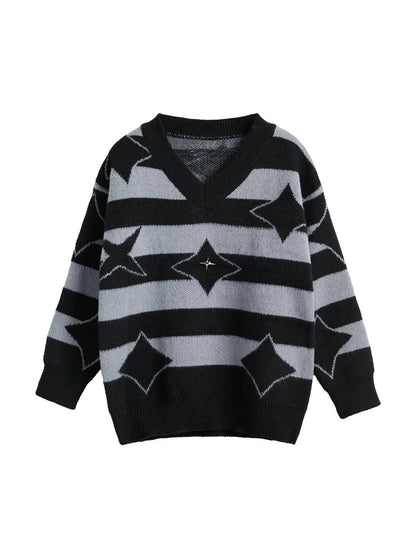 Plush Stripe Print V Neck Star Embellished Sweater