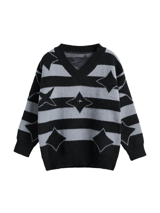 Plush Stripe Print V Neck Star Embellished Sweater