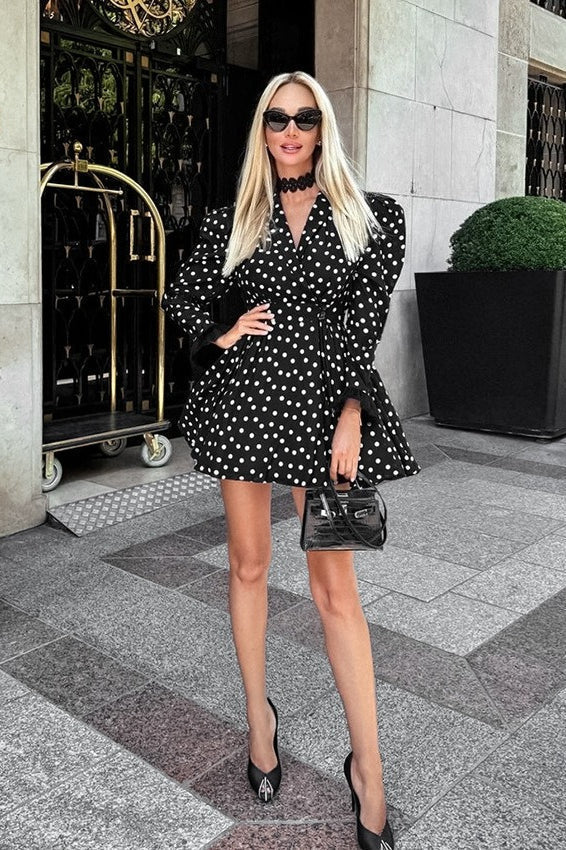 Polka Dot Wrap Deep V-Neck Puff Sleeve Flare Cuff Mini Dress