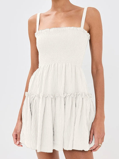 Smocked Square Neck Spaghetti Strap Tiered Ruffle Mini Dress