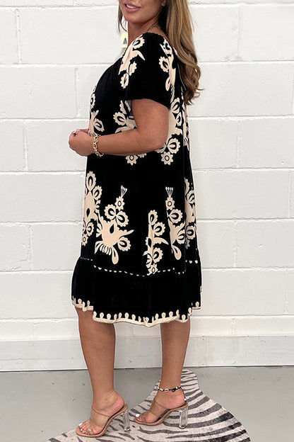 Vintage Print Round Neck Dress