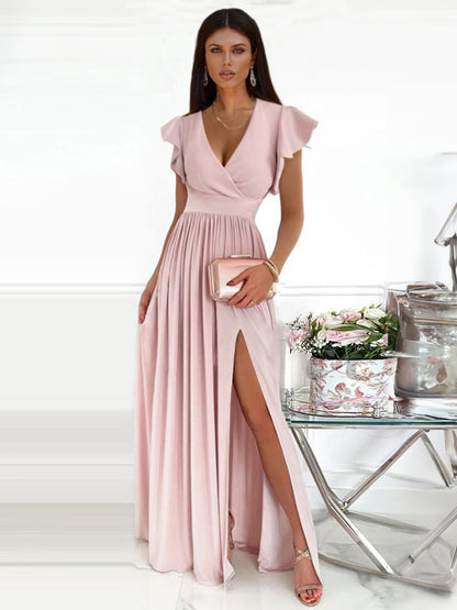 Dark Navy Maxi Dress Flutter Sleeves V-Neck Surplice Tank Prom Dresses