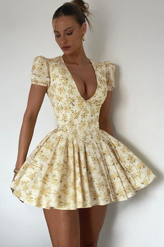 Floral Print Deep V-Neck Tie Front Puff Sleeve Tiered Ruffle Mini Dress