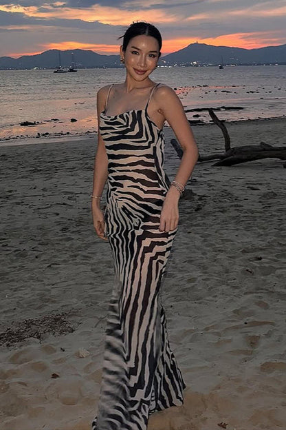 Zebra Print Backless Tie Bodycon Maxi Dress