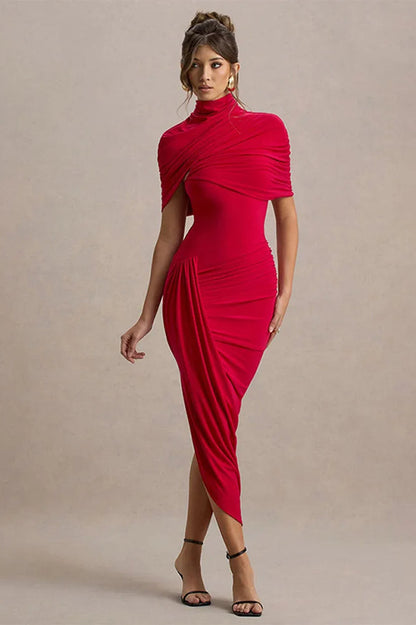 Mock Neck Crossover Ruched Draped Shoulder Wrap Bodycon Midi Dress